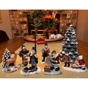 Mervyn's Christmas Village Square Figurines Set of 8 Snow Dwellers Reindeer Tree